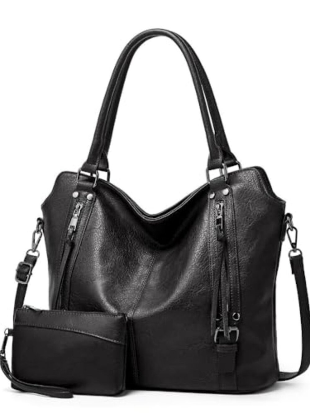 🆕 Handbag Pu Leather Hobo Tote Bag For Women Roomy Crossbody - 2pcs-black